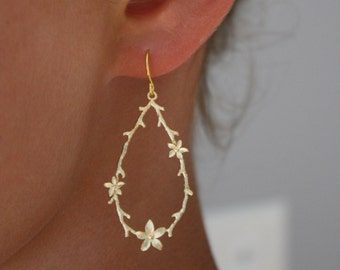 Floral Teardrop Earrings, 16k Gold Plated Dainty Vine Earrings