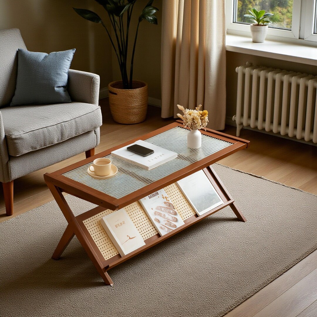 Wood Glass Coffee Table, Wooden Center Coffee Table, Unique Living Room ...