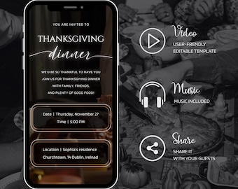 Zaproszenie na kolację z okazji Święta Dziękczynienia: Szablon wideo Canva (pobranie cyfrowe, 1080x1920px)