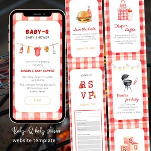 Op de afbeelding: Een digitale Baby-Q babyshower uitnodigingssjabloon met een rood-wit geblokte achtergrond. Het ontwerp bevat aquarelillustraties van barbecue-items, babykleding en tekstdetails voor een evenement op 15 augustus 2026.