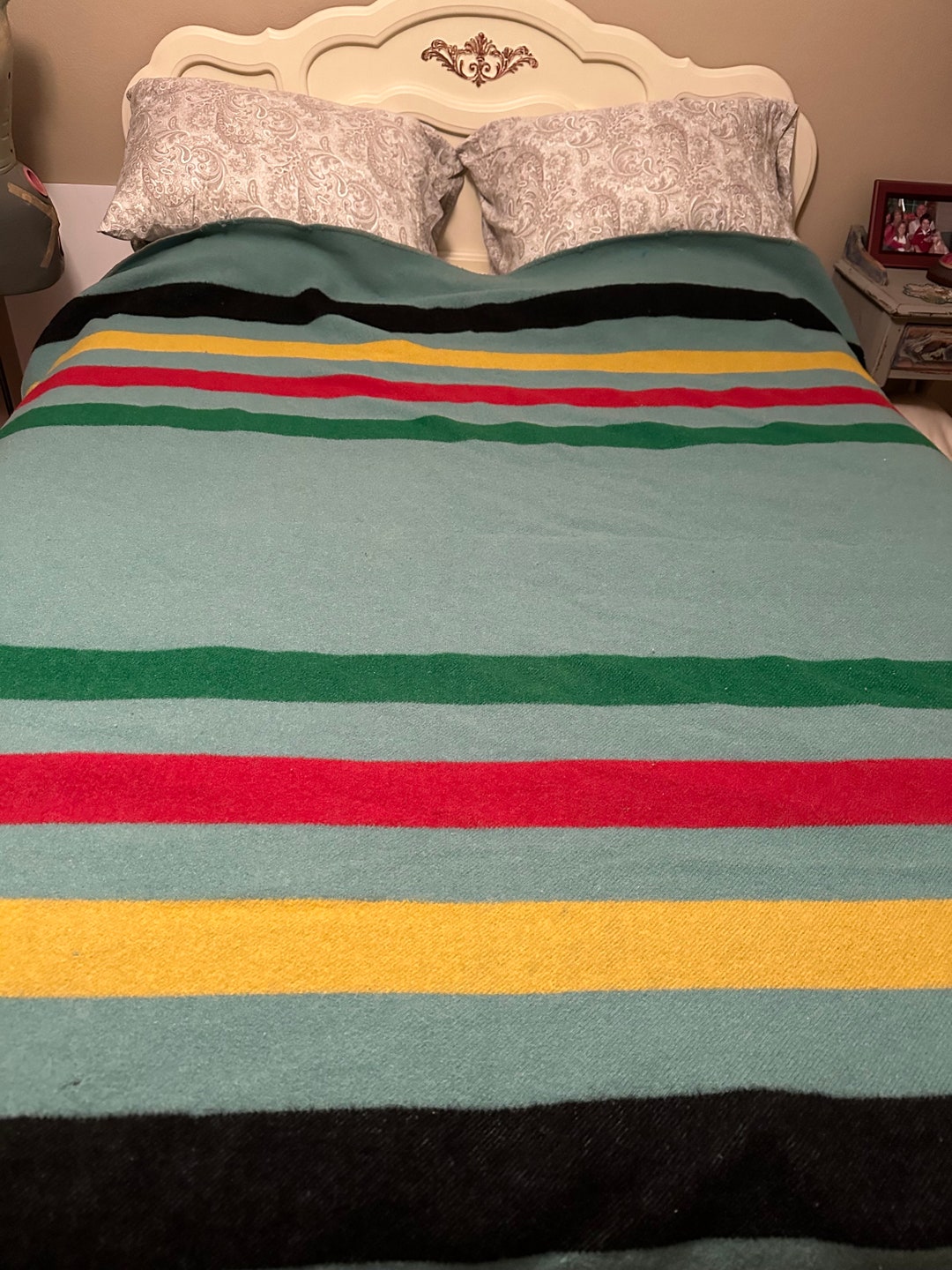 Vintage Hudson Bay Striped Wool Green Blanket Made in England 4 Point