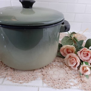 Vintage olive green with black trim cook Pan with cover Vintage green enamel Dutch oven pot with cover HTF rare MCM colors
