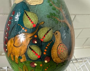 1970s large green Vtg paper mache egg folk art Mexico Easter bunny rabbit paper eggs  hand painted owl elephant Partridge and deer Tonal