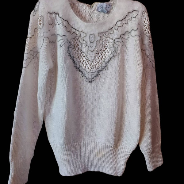 Vintage Christine white cocktail dressy Sweater size small beaded pearls Angora trim shoulder pads