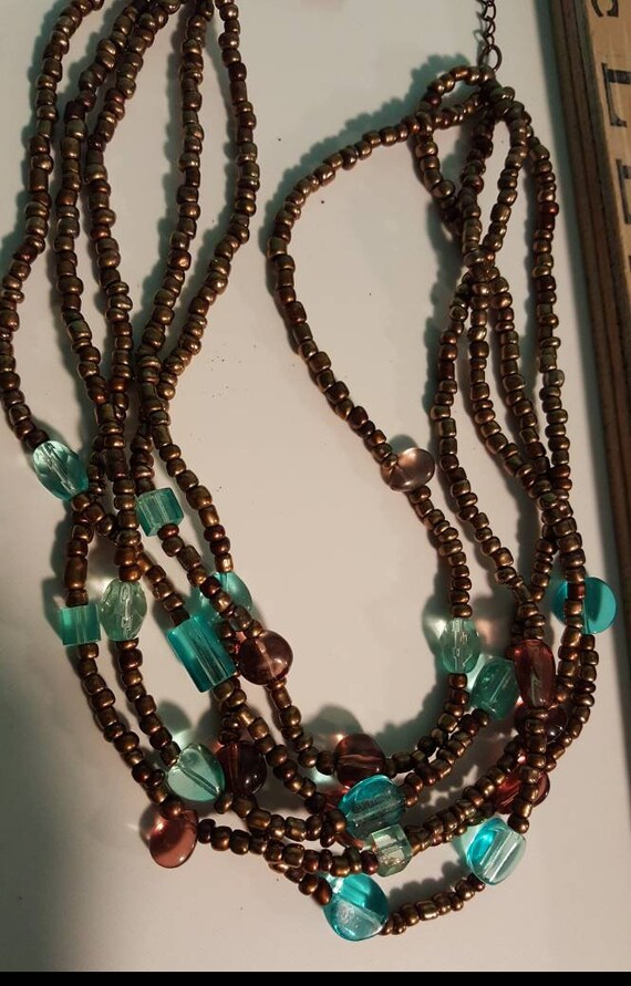 Vintage Boho Beaded Necklace Blue Copper Marbled Peach Beads 4 Strands 22”