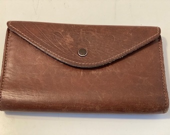 Vintage thick brown leather wallet pocketbook checkbook snap closure and several pockets