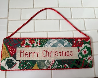 Vintage Merry Christmas needlepoint sign colorful hand made needle work door hanger ornament tree decoration