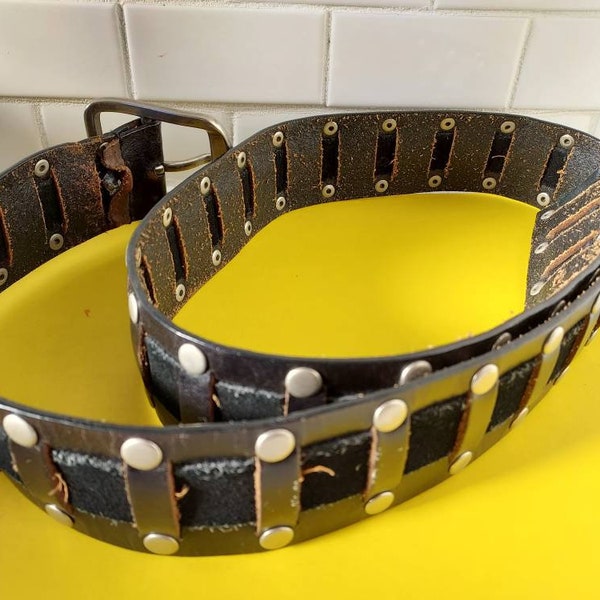 Vintage leather brown studded leather Calvin Klein Jeans belt boho style cut outs brutalist-style