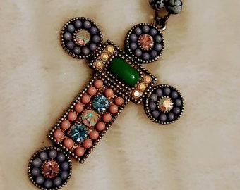 Beautiful silvertone vintage beaded crucifix.  Pink and blue Rhinestones and pink and green beaded crucifix cross pendant Christian
