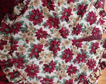 Poinsettia red and yellow Christmas tree skirt cotton vintage