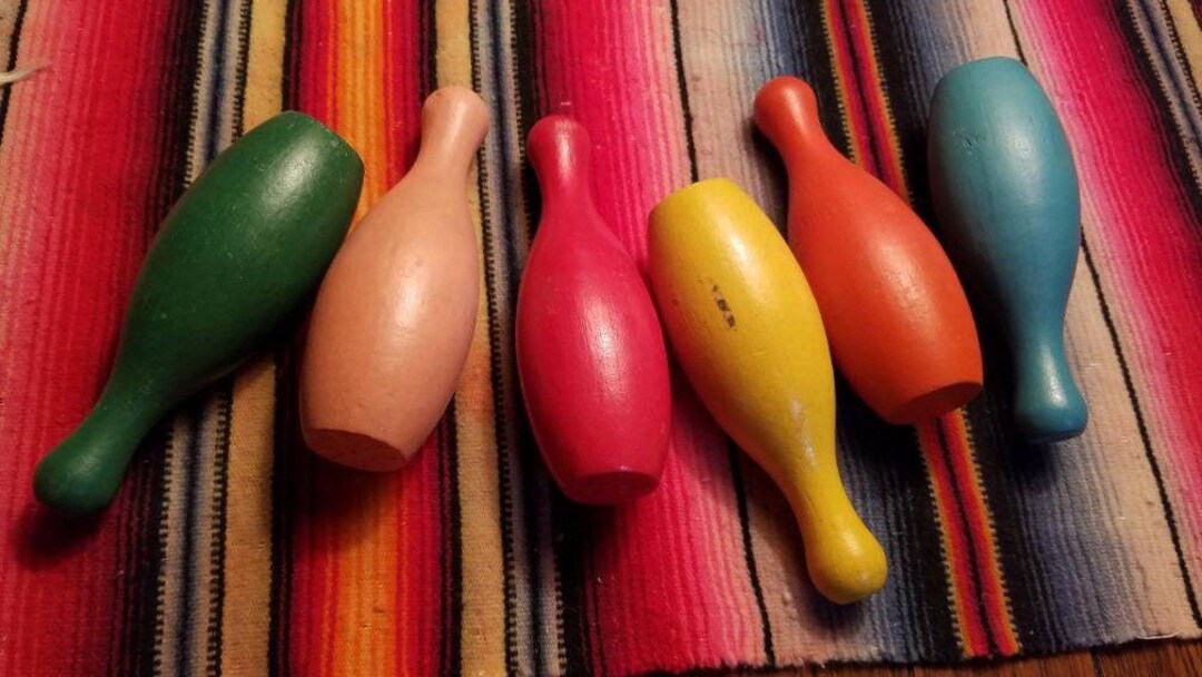 Vintage Miniature Wood Bowling Pins Wood Game Pins Mid Century Brightly