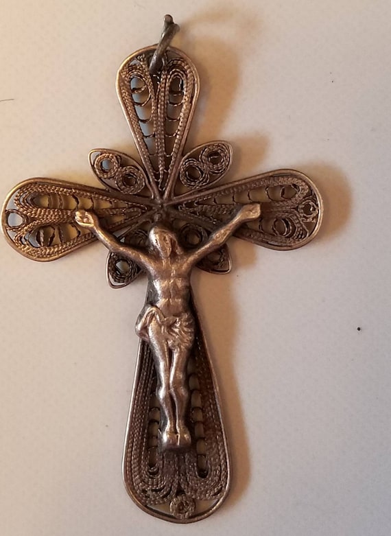 Vintage, hand made silver filigree Crucifix silve… - image 1