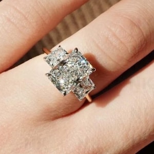 Three Stone Emerald Cut Moissanite Engagement Ring, Side Trapezoid Moissanite, Three Stone Engagement Gift Ring, Promise ring for Women