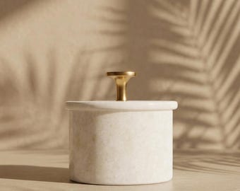 White Makrana Marble Salt Cellar with Lid, Brass Knob, 3 Inch Spice Box