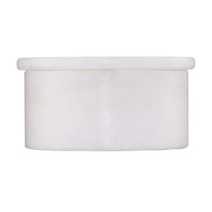 May include: A cylindrical white marble container with a smooth, polished finish and a matching circular lid. The vessel features a clean, minimalist design with a slightly protruding rim at the top, showcasing the natural stone texture and color.
