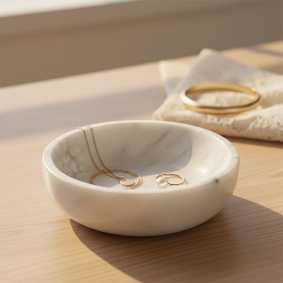 Handcrafted White Marble Bowl – 4.5” Decorative Jewelry & Trinket Dish