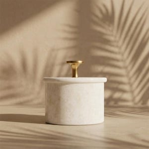 Puede incluir: Un pequeño recipiente de mármol blanquecino con un asa dorada en la parte superior. El recipiente es cilíndrico con tapa. El fondo presenta sombras de hojas de palmera, creando una estética natural y minimalista.