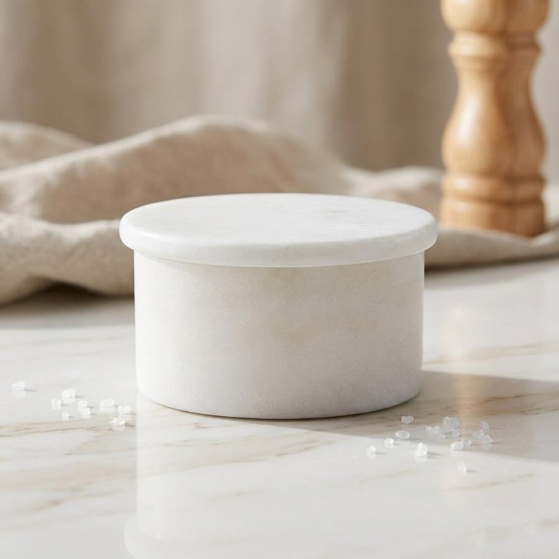 May include: A cylindrical white marble salt cellar with a matching circular lid. The container has a smooth, polished finish and a solid, heavy appearance. Small, scattered white salt crystals are visible around the base of the container.