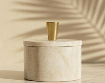 Hand Carved Brown Marble Salt Cellar with Brass Lid | Kitchen Decor
