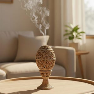 May include: A carved, beige incense burner with intricate floral patterns. The egg-shaped burner sits on a pedestal base, with wisps of white smoke rising from the top. The burner is placed on a round wooden table, suggesting a home decor item.