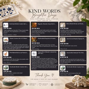 May include: A customer review graphic titled KIND WORDS Brighter Days featuring twelve individual product review boxes with five-star ratings, customer names, and dates. The layout includes text, product images, and a Thank You message at the bottom.
