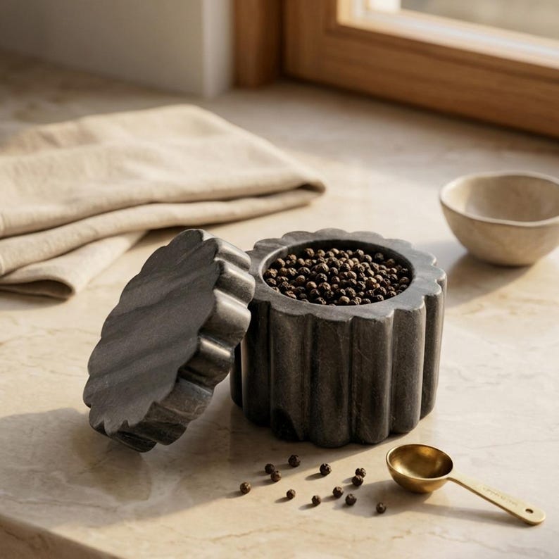 May include: A dark gray stone canister with a scalloped, fluted exterior and a matching removable lid. The canister is filled with whole black peppercorns, and a small gold-toned metal measuring spoon lies nearby with scattered peppercorns.