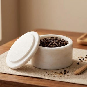 May include: A cylindrical white marble salt or spice cellar with a matching removable lid. The container is filled with whole black peppercorns. A small light-colored wooden spoon rests nearby on a textured beige fabric placemat.