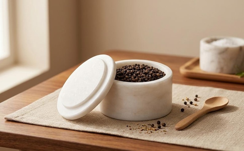 May include: A cylindrical white marble salt or spice cellar with a matching removable lid. The container is filled with whole black peppercorns. A small light-colored wooden spoon rests nearby on a textured beige fabric placemat.