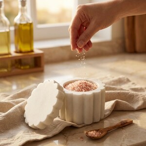 May include: A white marble salt cellar with a scalloped, flower-like edge and a matching removable lid. The container is filled with coarse pink Himalayan salt, and a small wooden spoon rests nearby on a beige linen cloth.