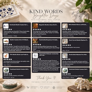 May include: A customer review graphic titled KIND WORDS Brighter Days featuring twelve individual product review boxes with five-star ratings, customer names, and dates. The layout includes text, product images, and a Thank You message at the bottom.