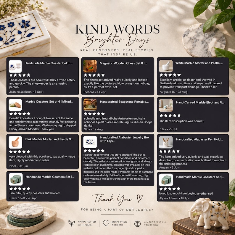 May include: A customer review graphic titled KIND WORDS Brighter Days featuring twelve individual product review boxes with five-star ratings, customer names, and dates. The layout includes text, product images, and a Thank You message at the bottom.