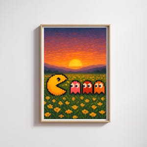 パックマン ピクセルアート サンセットフィールドポスター レトロゲーム 印刷可能 ウォールアート 8ビット 風景 デジタルダウンロード ヴィンテージ アーケード 装飾 ポスター プリント