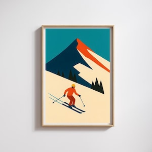 Minimalistisches Ski fahrendes Poster, Retro Wintersport Illustration, Geometrische Schnee Szene, Digital druckbare Wandkunst