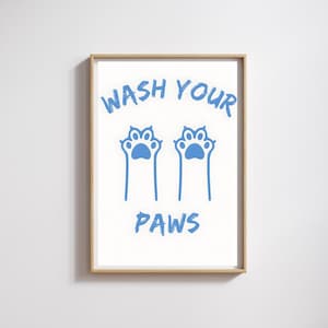 Póster imprimible para baño &quot;Lávate las Patas&quot;, arte mural con huella de pata azul, letrero divertido para la higiene de mascotas, descarga digital, tipografía minimalista y divertida.