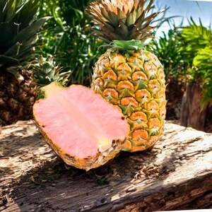Puede incluir: Una pi&ntilde;a entera y una pi&ntilde;a cortada por la mitad con pulpa rosa. La piel exterior es amarilla y verde. La fruta se encuentra sobre una superficie de madera envejecida, con follaje verde al fondo.
