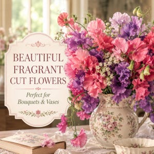 Freshly cut Mammoth Mix sweet pea flowers arranged in an elegant vase for fragrant indoor decor.
