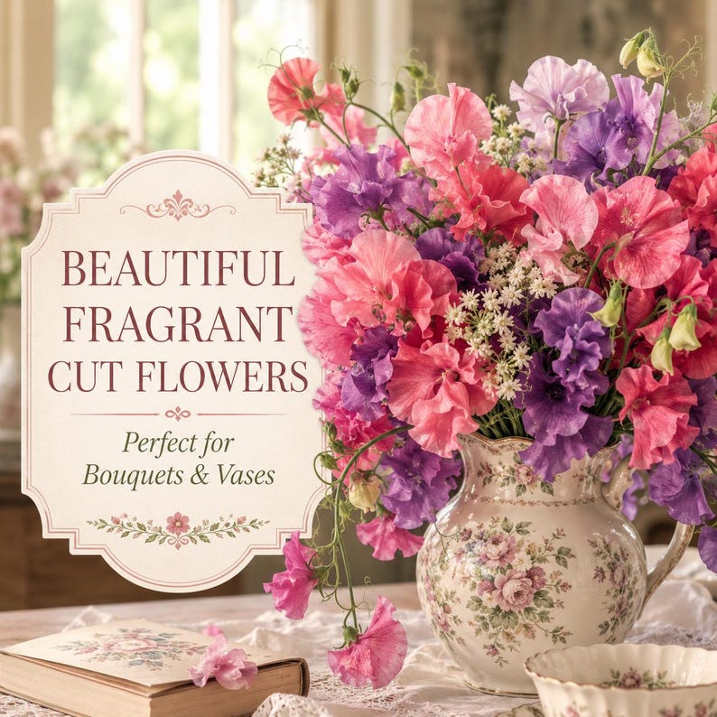 Freshly cut Mammoth Mix sweet pea flowers arranged in an elegant vase for fragrant indoor decor.