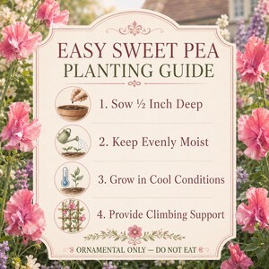 Four-step Mammoth Mix sweet pea seed guide showing sowing, moisture, cool conditions, and trellis support.