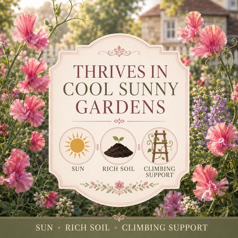 Sweet pea growing guide showing full sun, fertile well-draining soil, cool weather, and climbing support.