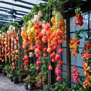 Puede incluir: Una vibrante exhibición de flores colgantes en un invernadero. Las flores caen en cascada en un degradado de colores, desde rosas y melocotones suaves hasta naranjas y amarillos brillantes. El arreglo crea un elemento decorativo visualmente impresionante y natural.
