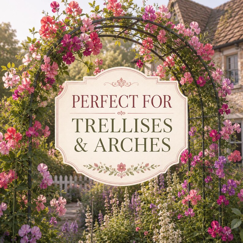 Fragrant sweet pea vines covering a decorative garden trellis or arch with mixed-color blooms.