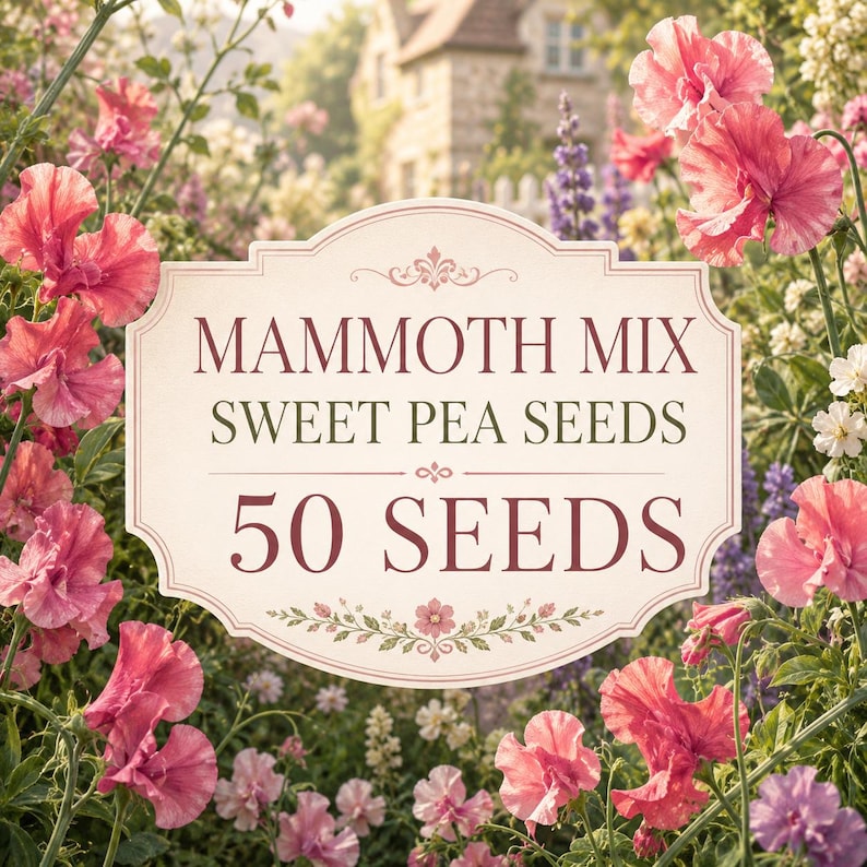 Mammoth Mix Sweet Pea Seeds thumbnail surrounded by colorful fragrant climbing flowers with centered text showing 50 seeds.