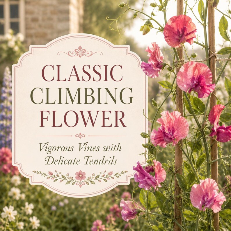 Mammoth Mix sweet pea vines climbing vertically with tendrils and producing abundant colorful flowers.