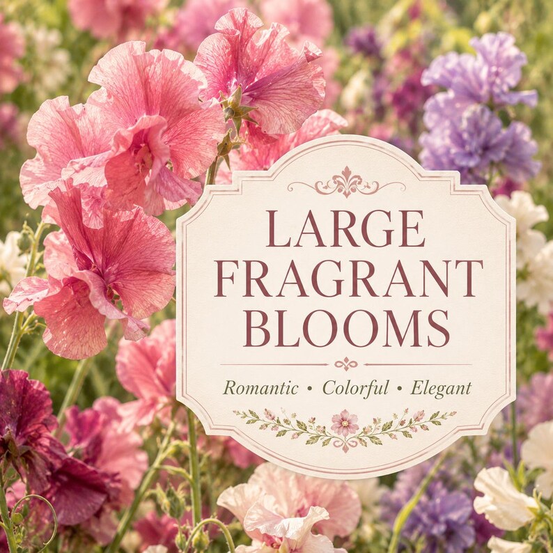 Close-up of large ruffled Mammoth Mix sweet pea flowers in pink, lavender, white, and salmon shades.