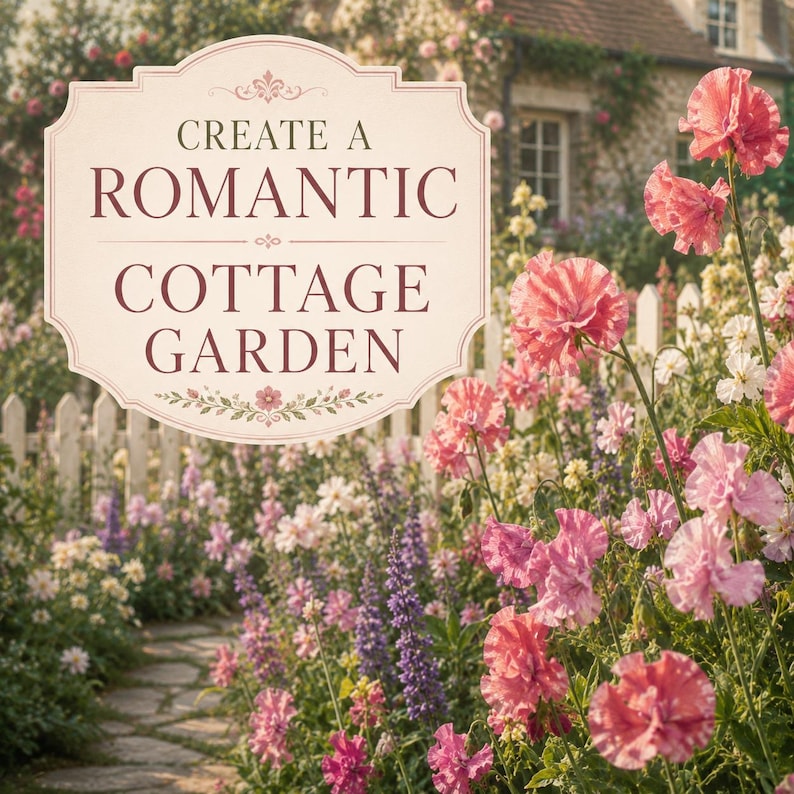 Mammoth Mix sweet peas creating a romantic flowering display in a traditional cottage garden.