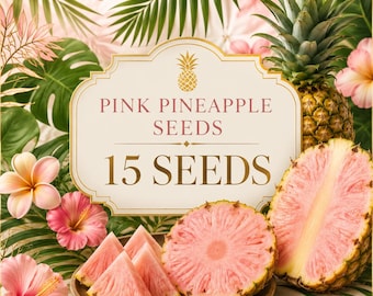 Puede incluir: Una etiqueta de producto con el texto PINK PINEAPPLE SEEDS 15 SEEDS, rodeada de flores de hibisco rosas, hojas de palma verdes, una piña entera, una piña rosa cortada por la mitad, rodajas de piña y semillas esparcidas en un plato.
