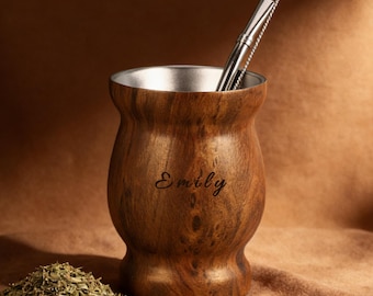 Personalized Yerba Mate Gourd with Stainless Steel Bombilla, Custom Engraved Tea Cup Straw Mug