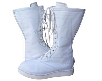 Handmade White Leather Wrestling Boots, Lace-Up, EVA Sole