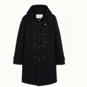 May include: A black duffel coat with a hood and toggle fastenings. The coat features two front pockets and a button detail on the hood. A classic outerwear garment.