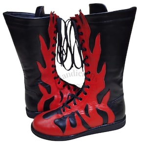 Wrestling Long Boots, Handmade Leather Shoes, 100% Original Leather, Red Fire Style, Customizable, Lace-up Style Wrestling Shoes